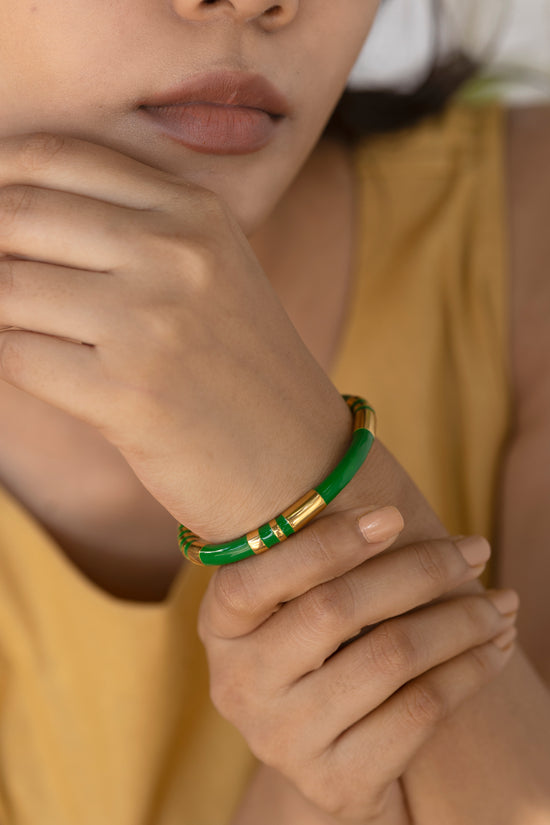 Green Enamel Gold Tube Bracelet