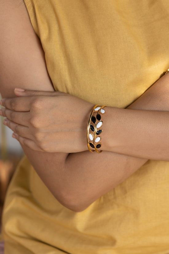 Leaves Black and White Enamel Bracelet