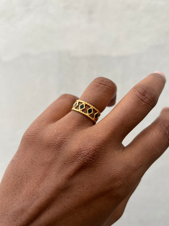 Row of Diamond Black Enamel Finger Ring