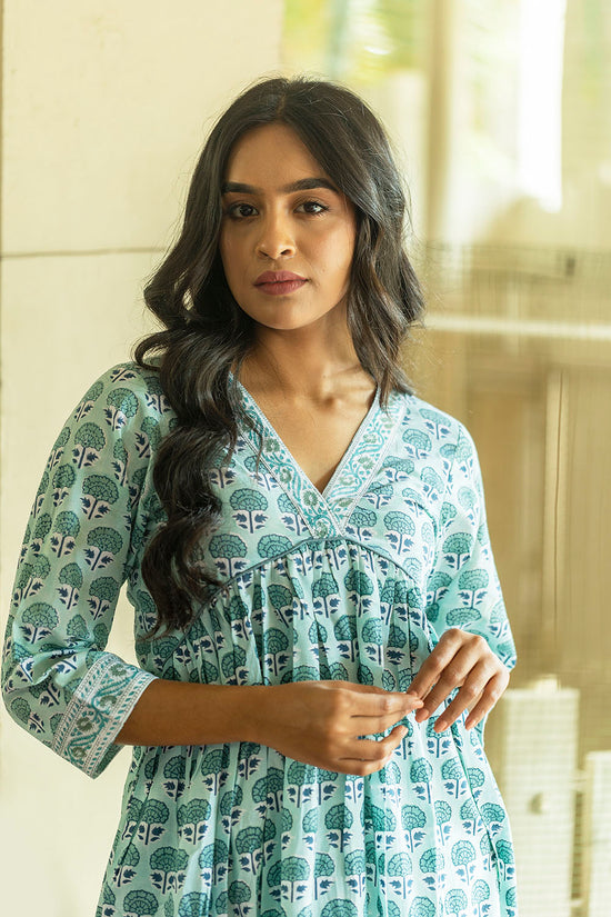Aqua Blue Printed Dress with Pockets
