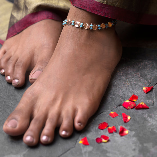 Circles Rose Gold and Aqua bead Anklet-Single Piece