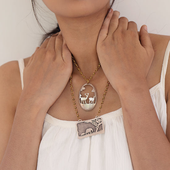 Oval Crafted Deer Pendant Necklace
