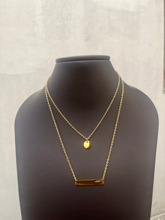 Gold Circle and Bar Double layer Necklace