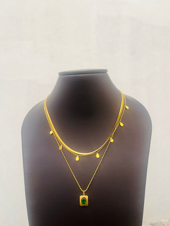 Green stone 3 layer necklace