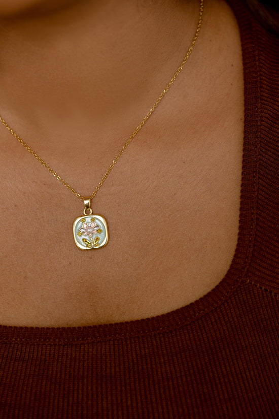 Blue Enamel Flower Necklace - Square