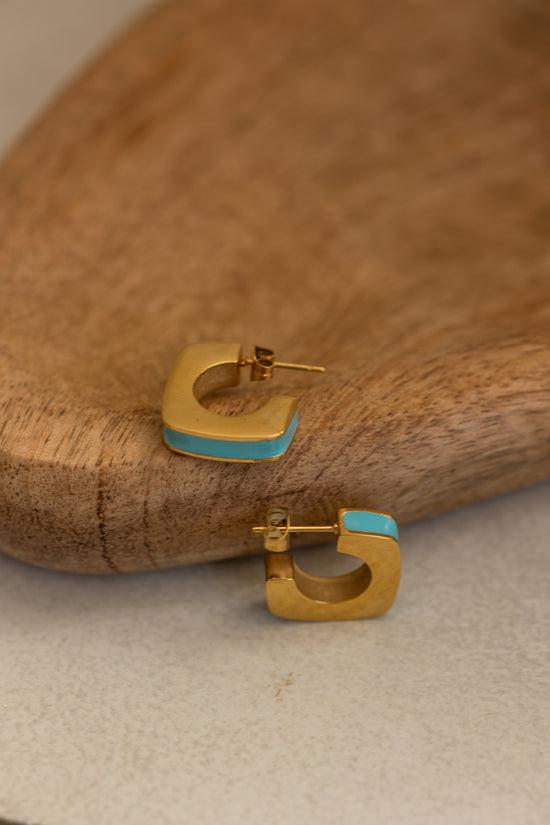 Blue Enamel Square Hoop Stud