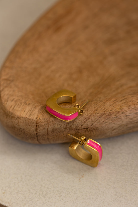 Pink Enamel Square Hoop Stud