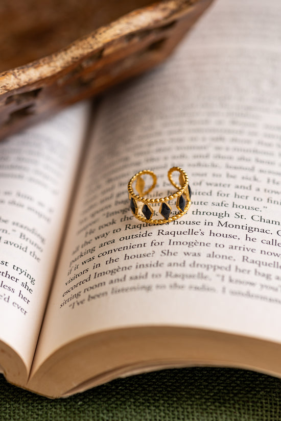 Row of Diamond Black Enamel  Finger Ring