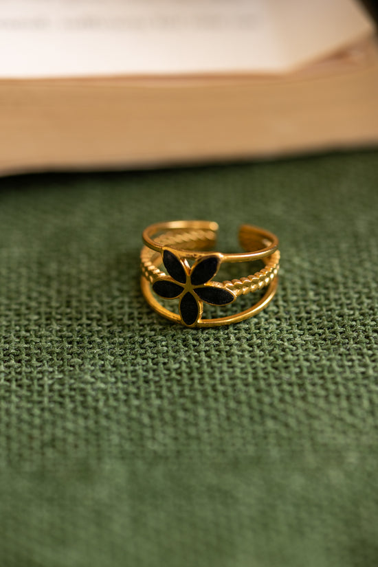 Black Flower 3 Line Ring