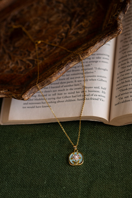 Blue Enamel Flower Necklace - Square
