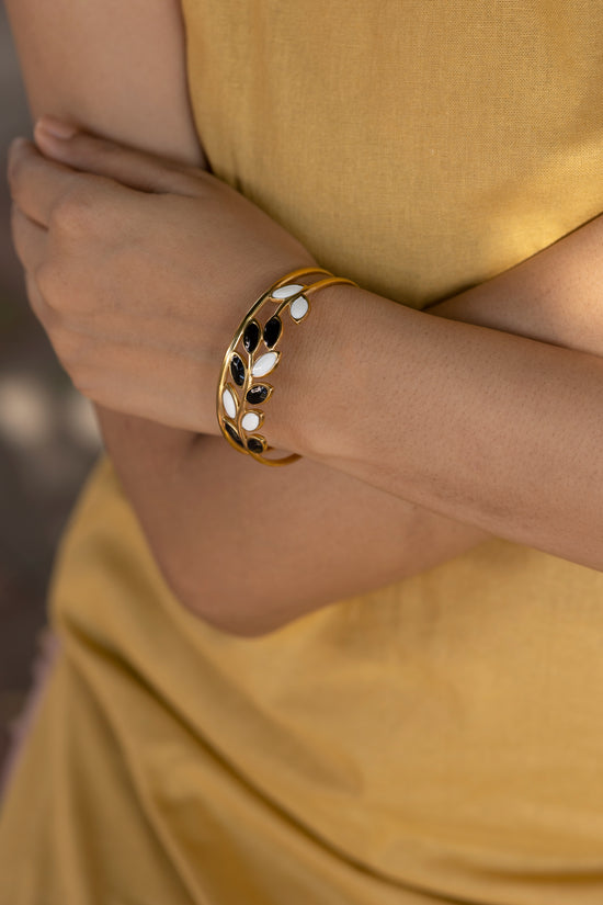 Leaves Black and White Enamel Bracelet