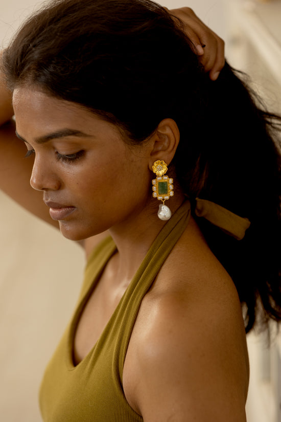 Green Bead and Pearl Dangler Earring