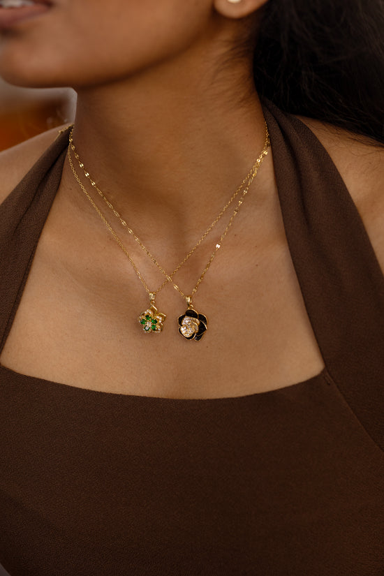 Black  Enamel Flower Pendant Necklace