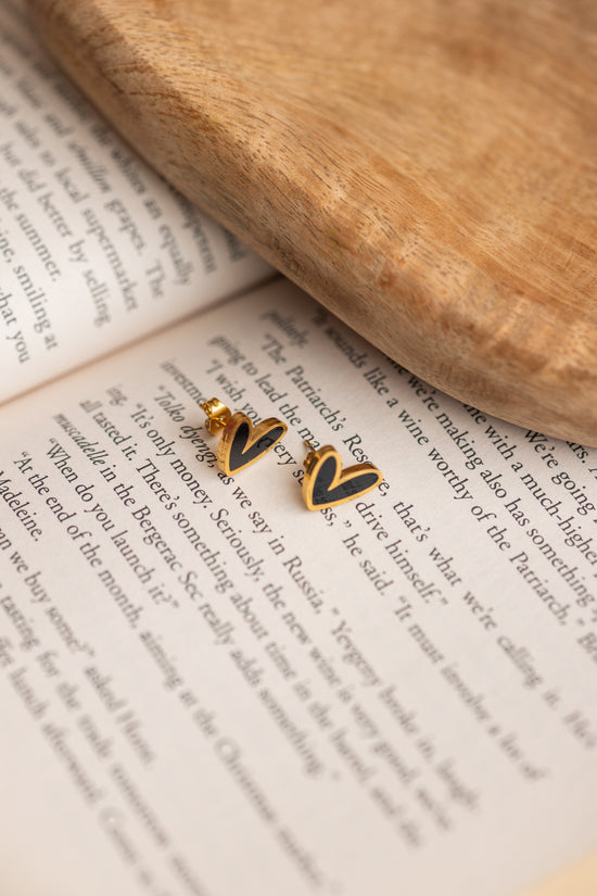 Slanted Heart Black Enamel Earring