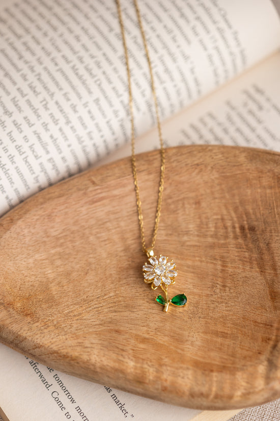 White Flower and Green Leaved Pendant Necklace