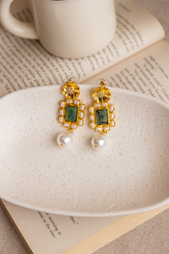Green Bead and Pearl Dangler Earring