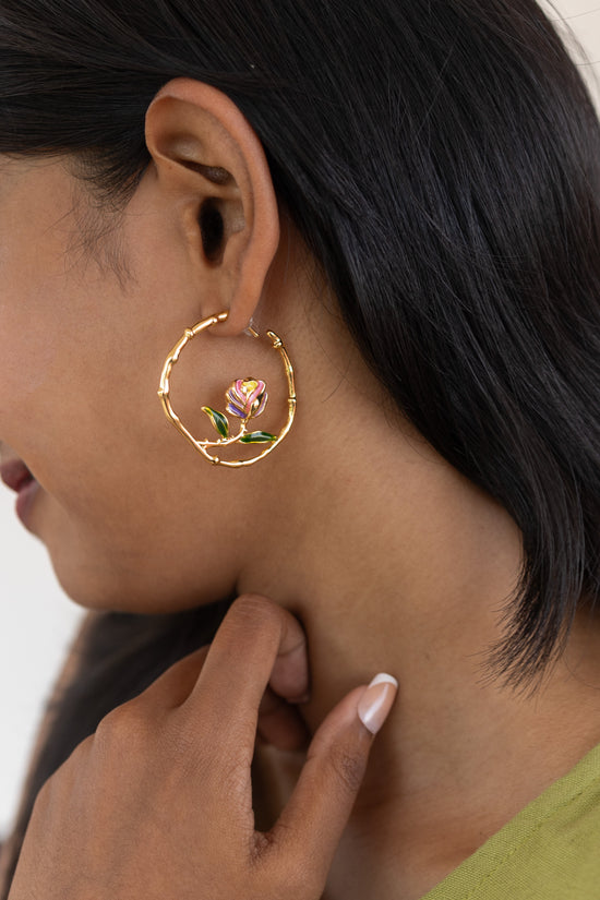 Pink Rose Enamel Hoop Earring