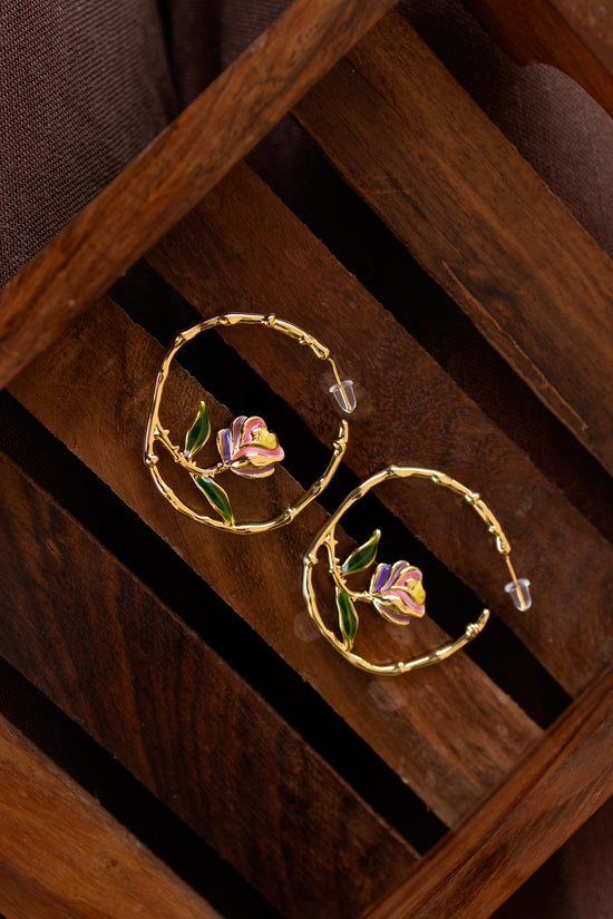 Pink Rose Enamel Hoop Earring