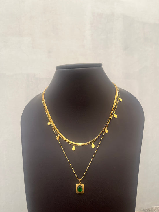 Green stone 3 layer necklace