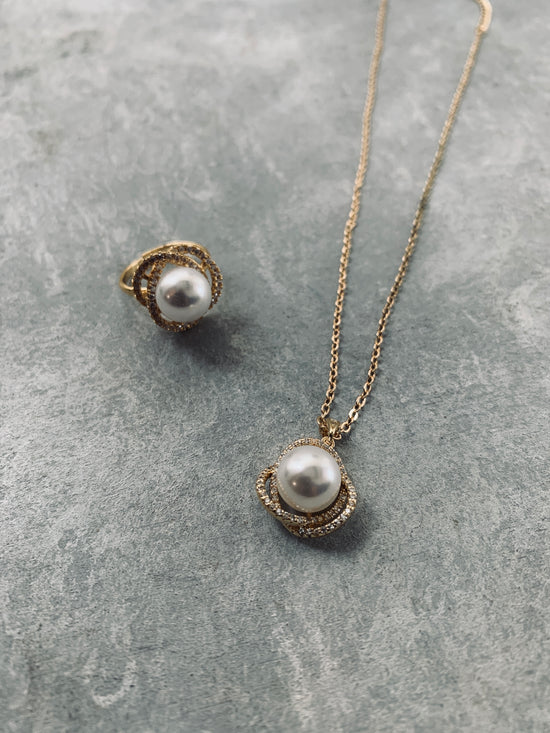 Rose Pearl and zircon studded Ring and Necklace combo