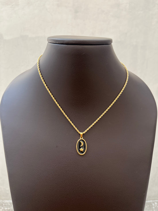 Black enamel  moon and star pendant Necklace