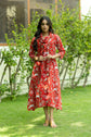 Red Floral Print Flared Cowl Dress