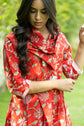 Red Floral Print Flared Cowl Dress