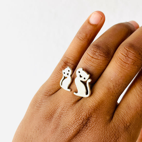 Twin Cat Ring Silver tone