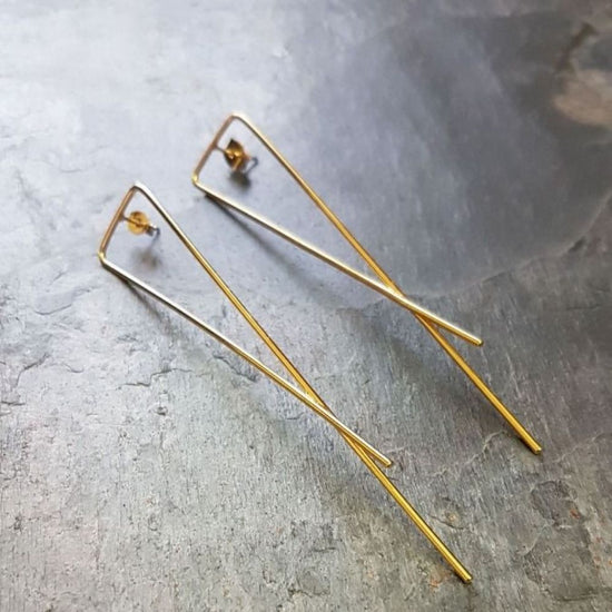 Long Lines Crossed Stud Earrings-Gold