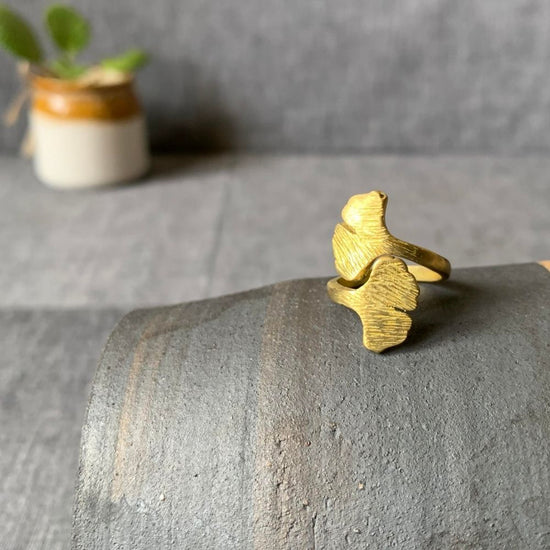 Gingko Leaf - Finger Ring- Adjustable - Brass