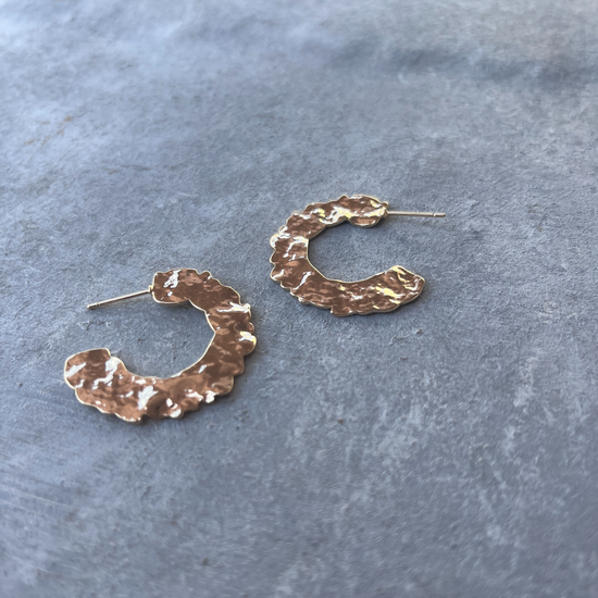 Flat Hammered  Medium Sized Gold Plated Hoops Earring