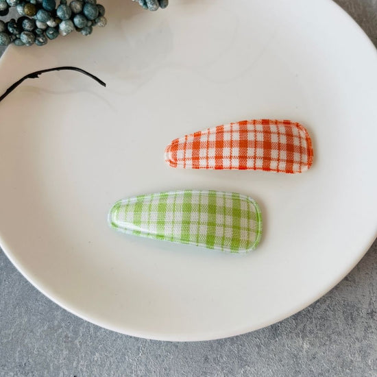 Checked Orange and Green Hair Clip Set
