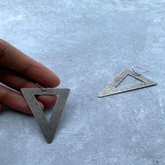 Large Triangle earring - Antique Silver tone